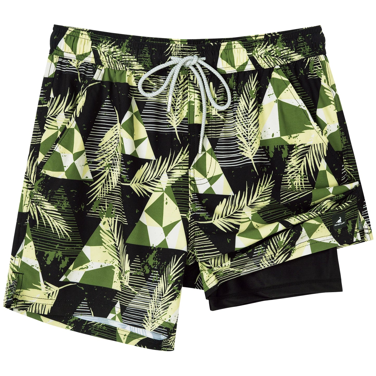 Shorts de banho masculino com forro da SURFCUZ em estampa de folhas verdes e triângulos