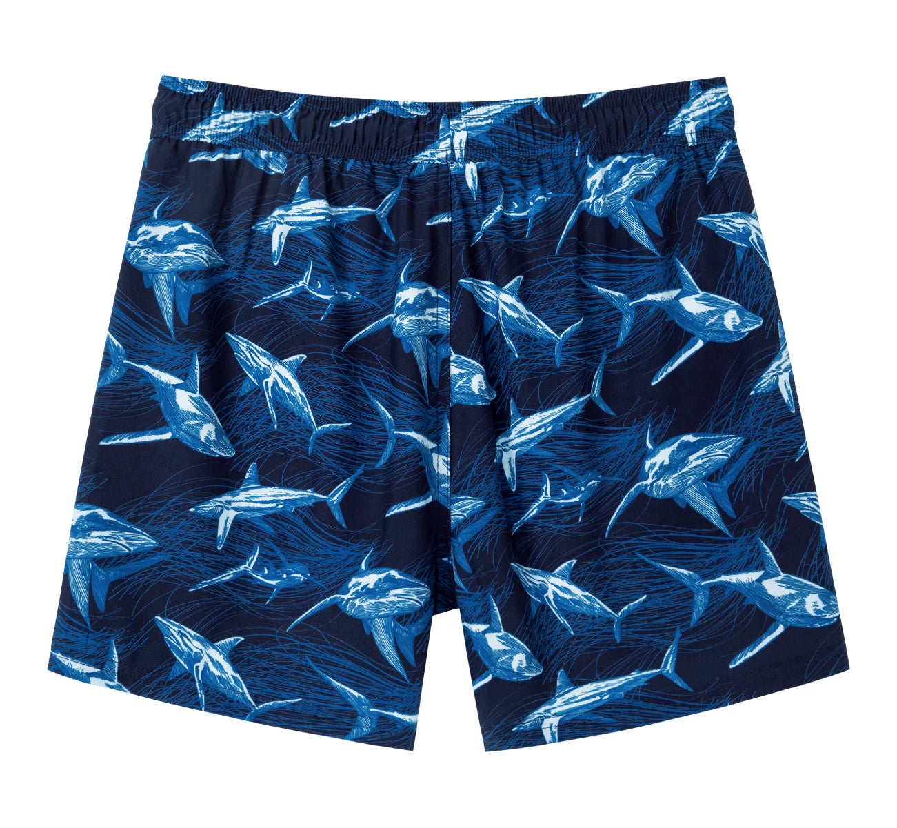 Shorts de banho masculino com forro da SURFCUZ em padrão de tubarões azuis sobre fundo escuro