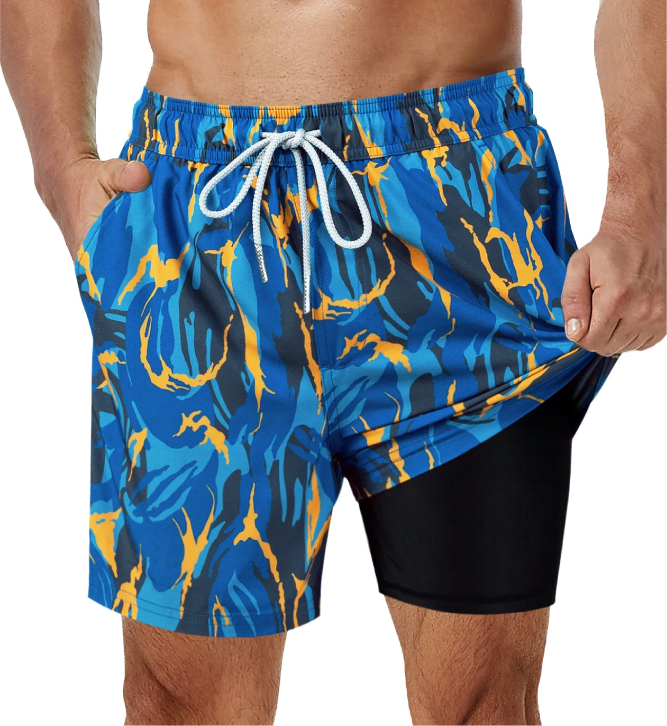Shorts de banho masculino SURFCUZ com estampa em azul e detalhes em preto, ideal para atividades aquáticas