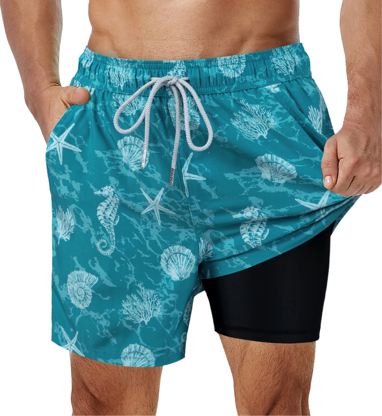 Shorts de banho masculino SURFCUZ em azul com estampa de conchas e cavalos marinhos