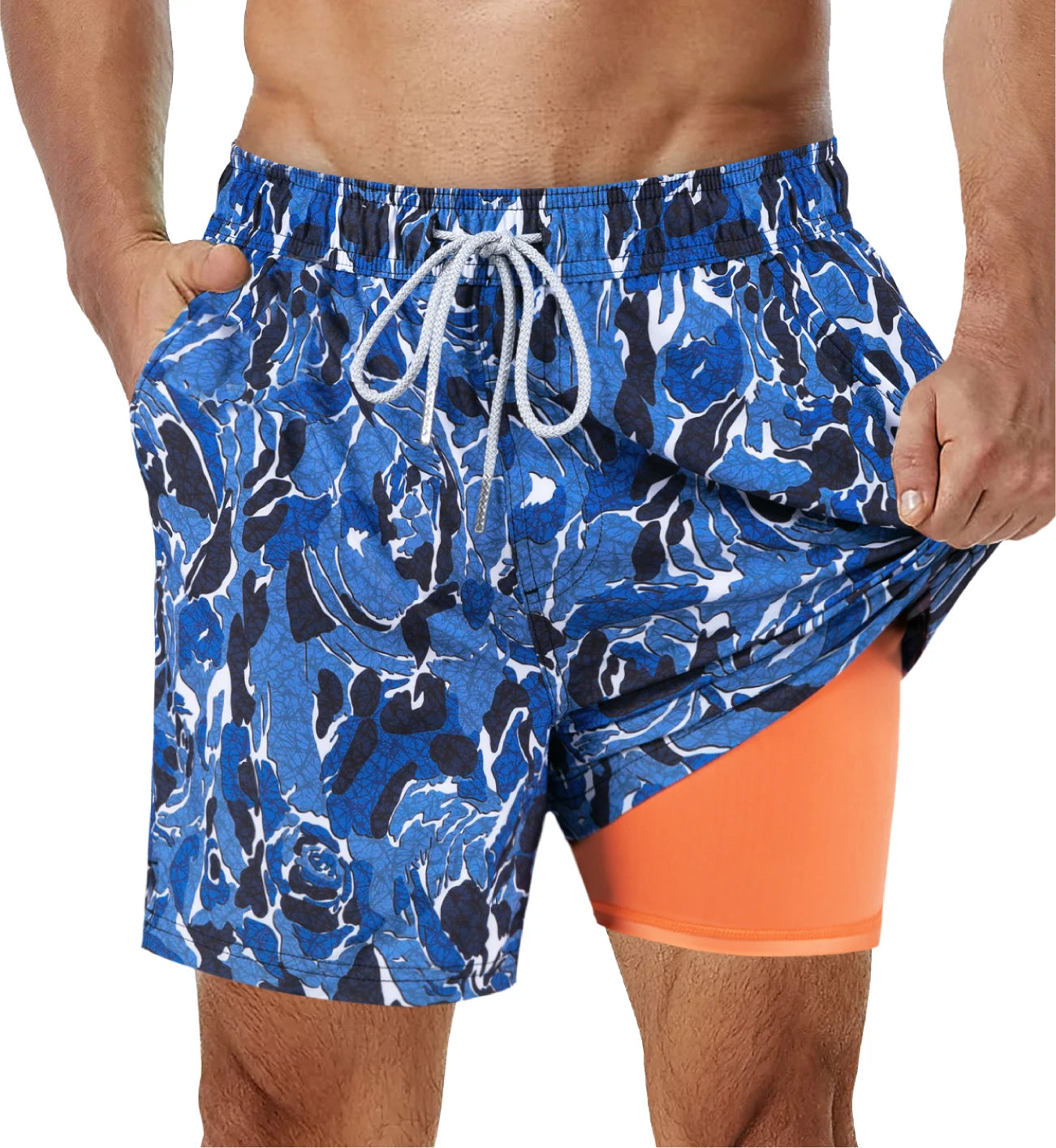 Shorts de banho masculino SURFCUZ em azul com estampa moderna e interior laranja para conforto