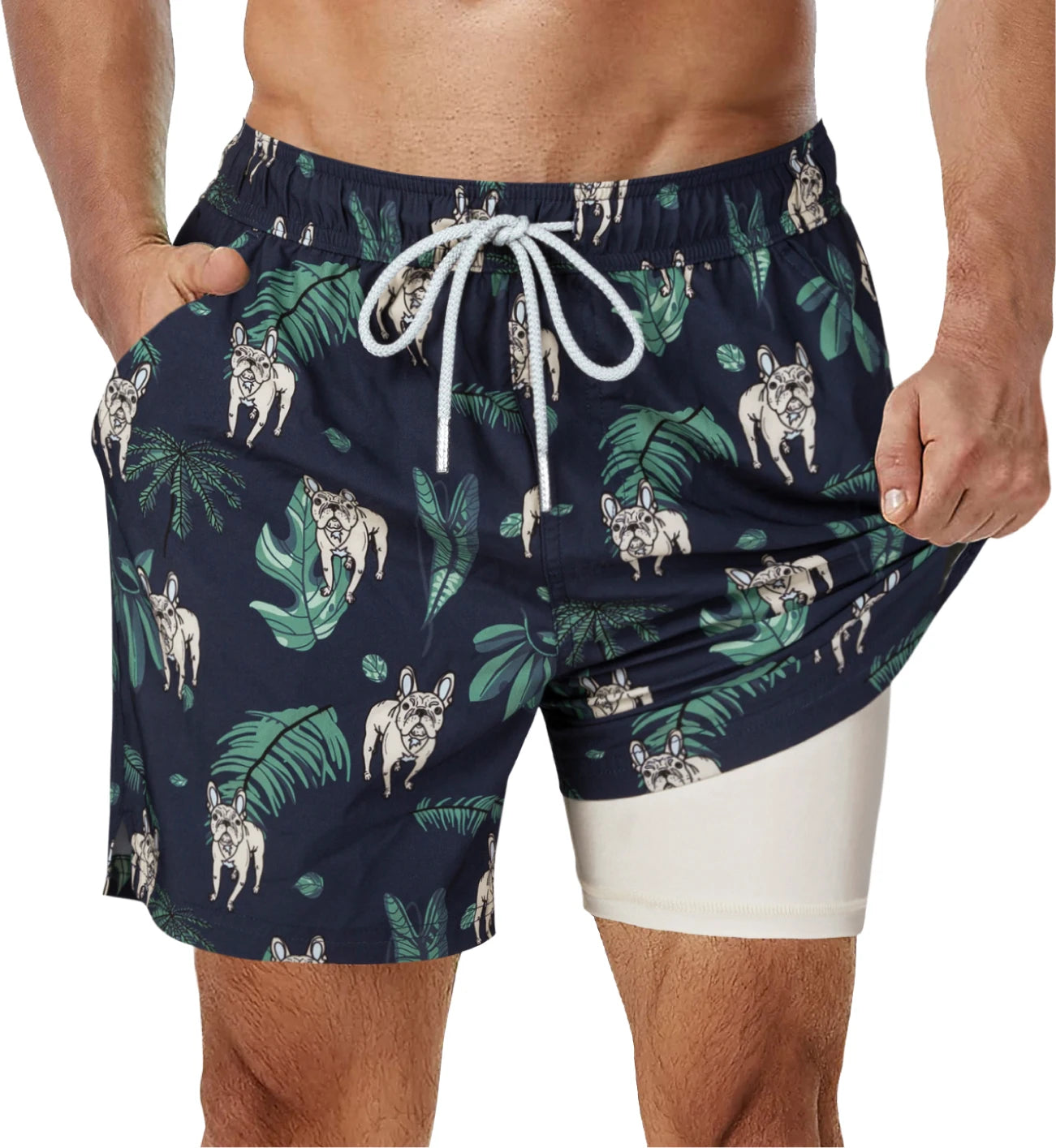Shorts de banho masculino SURFCUZ com estampa de cães e folhas tropicais, ideal para praia e piscina
