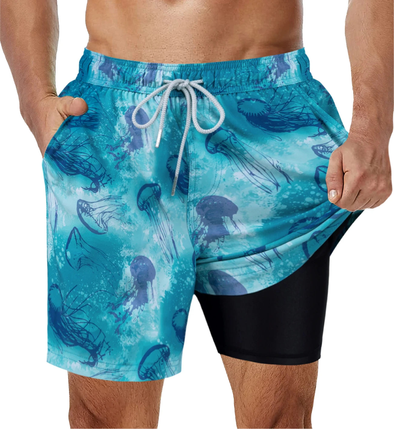 Shorts de banho masculino SURFCUZ em azul com estampa de água-viva e forro interno confortável