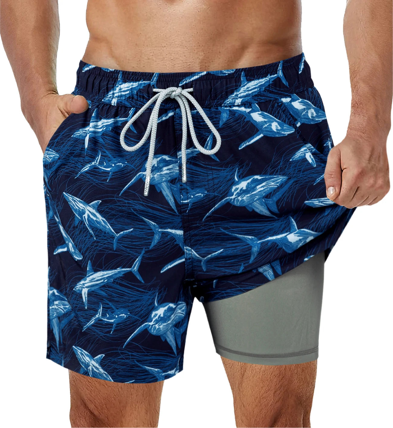 Shorts de banho masculino da SURFCUZ com estampa de tubarões e cós ajustável