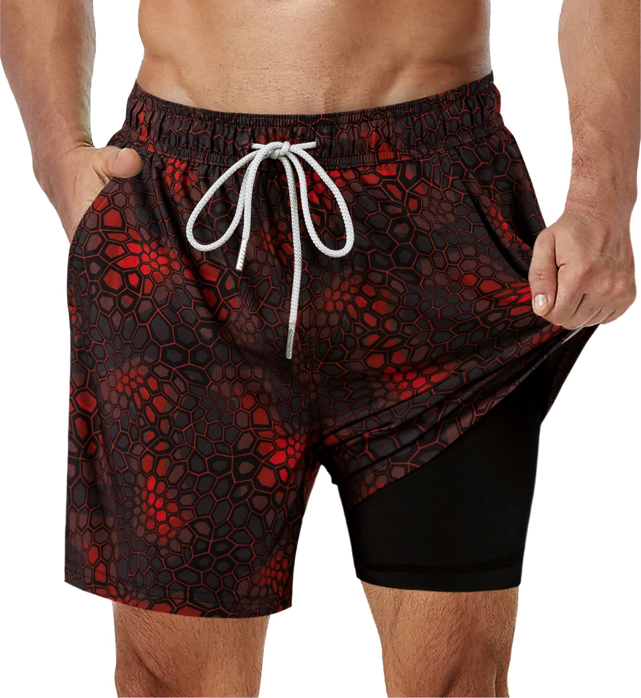 Shorts de banho masculino SURFCUZ com estampa em vermelho e preto, ideal para atividades ao ar livre.