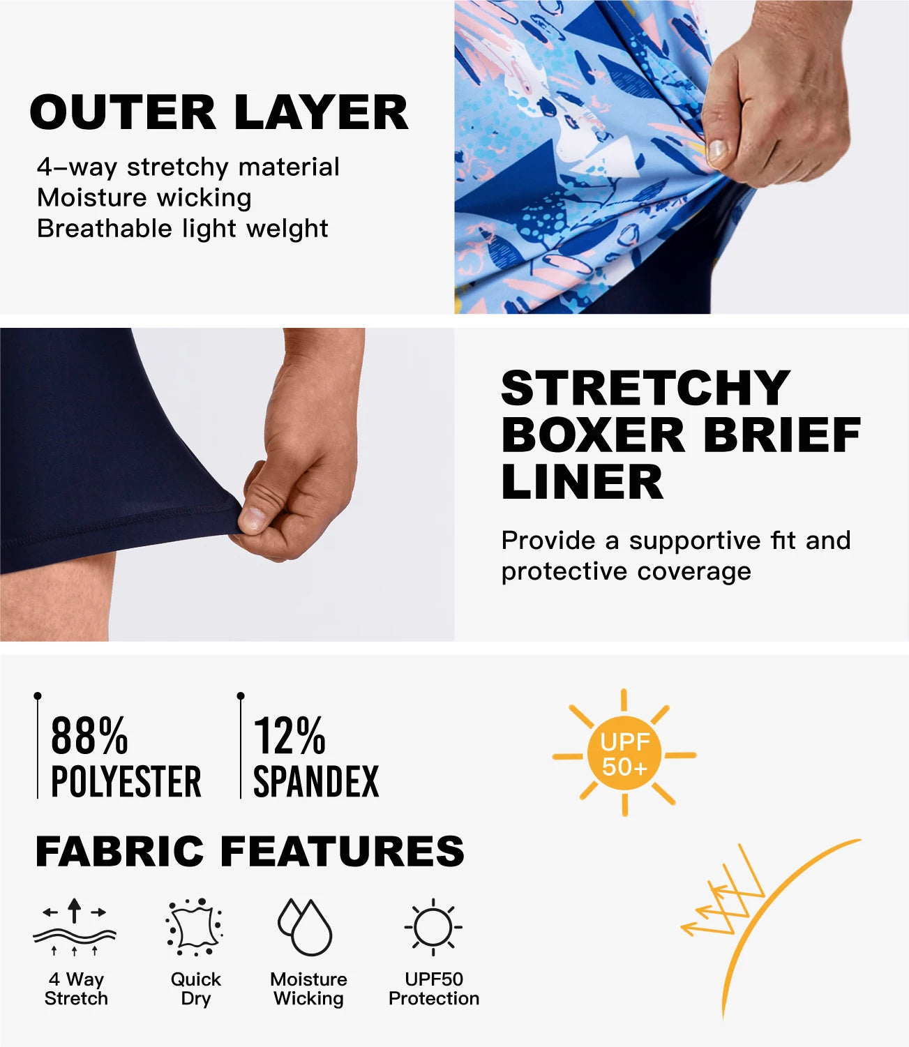 Shorts de banho masculino SURFCUZ com tecido leve, stretchy e tecnologia de secagem rápida para conforto no fitness