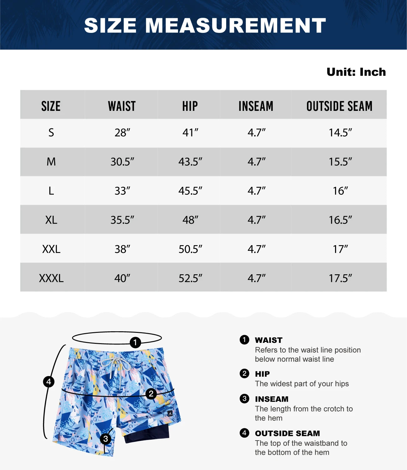 Tabela de medidas dos shorts de banho masculino SURFCUZ mostrando tamanhos e dimensões.