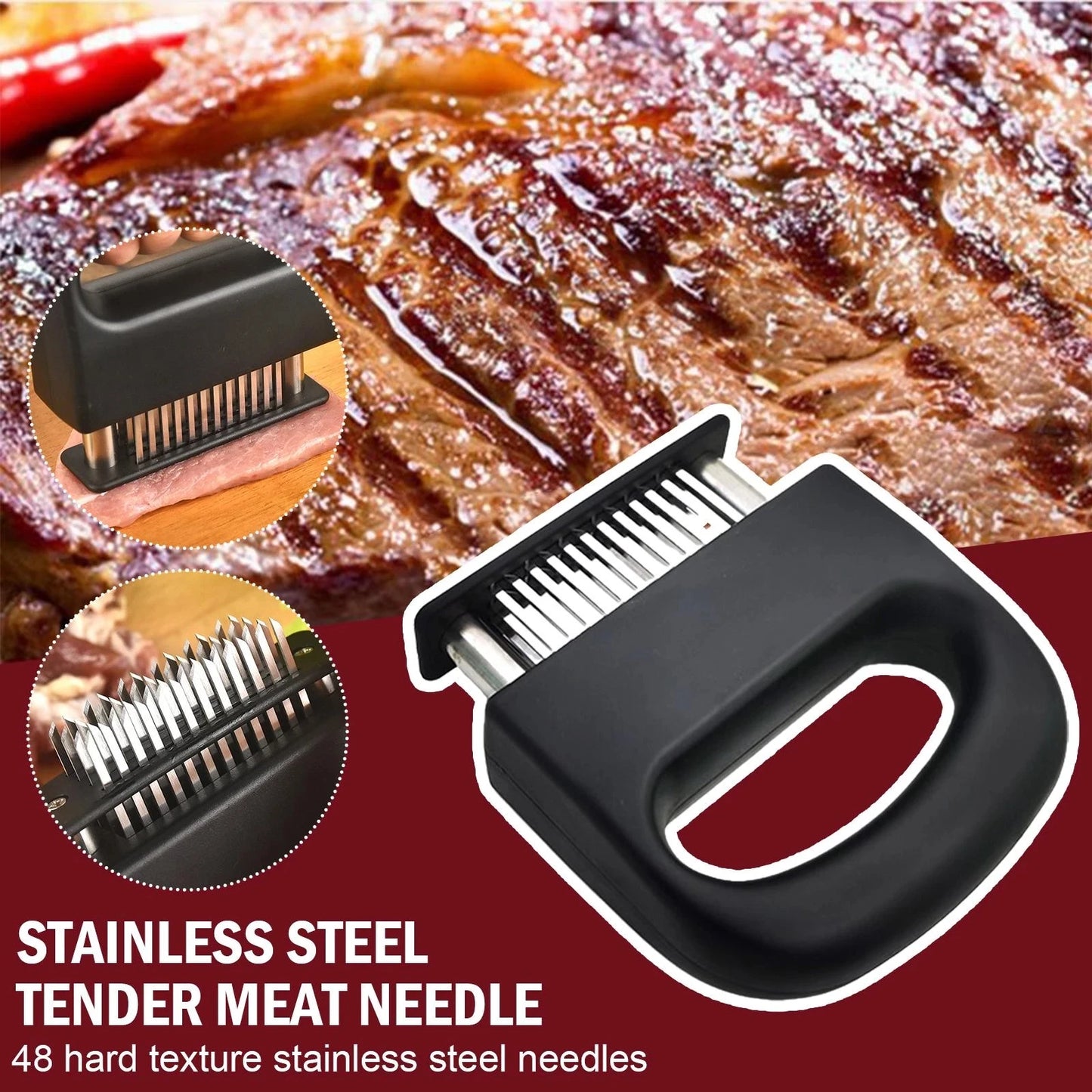 Martelo de agulha para carne em aço inox com 48 agulhas para amaciar carnes de forma prática