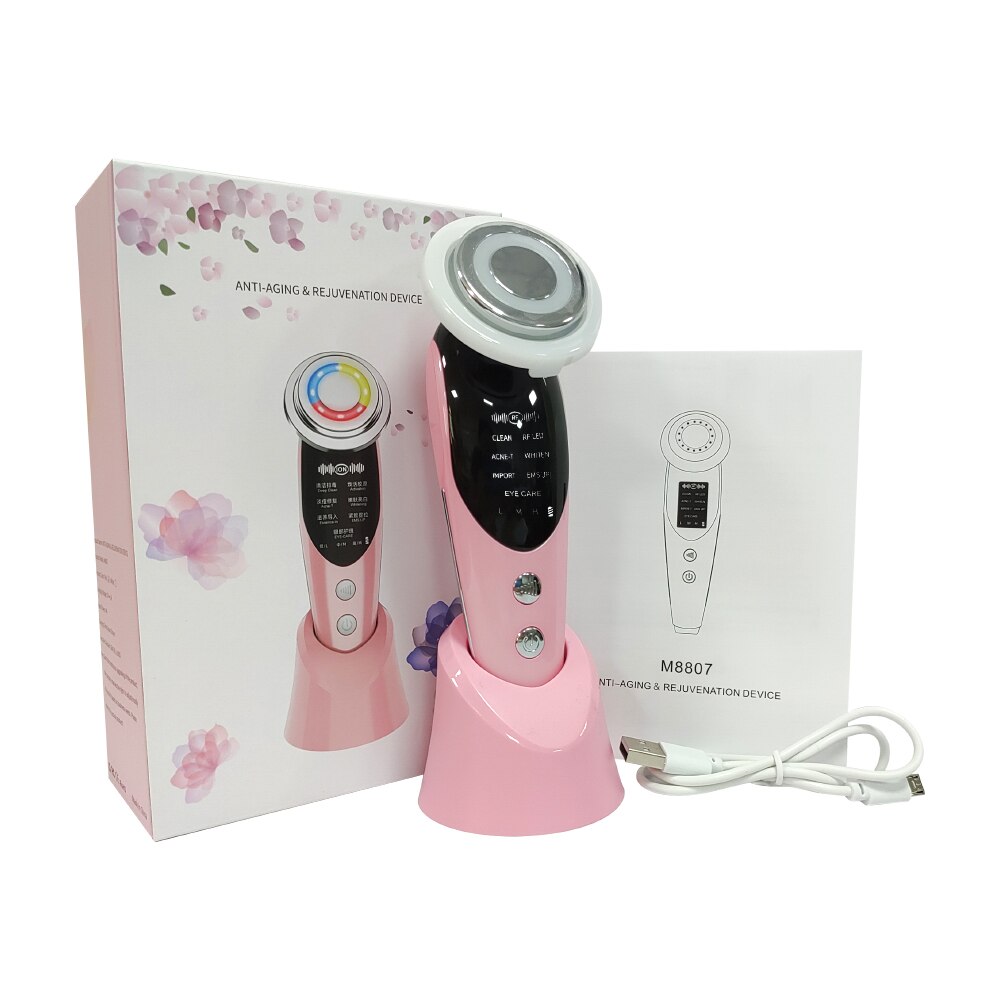Massageador facial 7 em 1 da LMH em rosa, equipado com tecnologia anti-envelhecimento e rejuvenescimento.