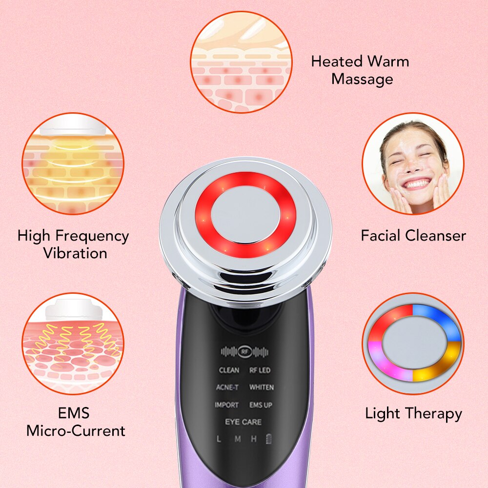 Massageador facial 7 em 1 LMH com funções de limpeza e terapia de luz para cuidados da pele