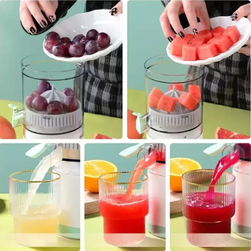 Mini espremedor de suco com frutas como uvas e melancia sendo preparados para suco fresco