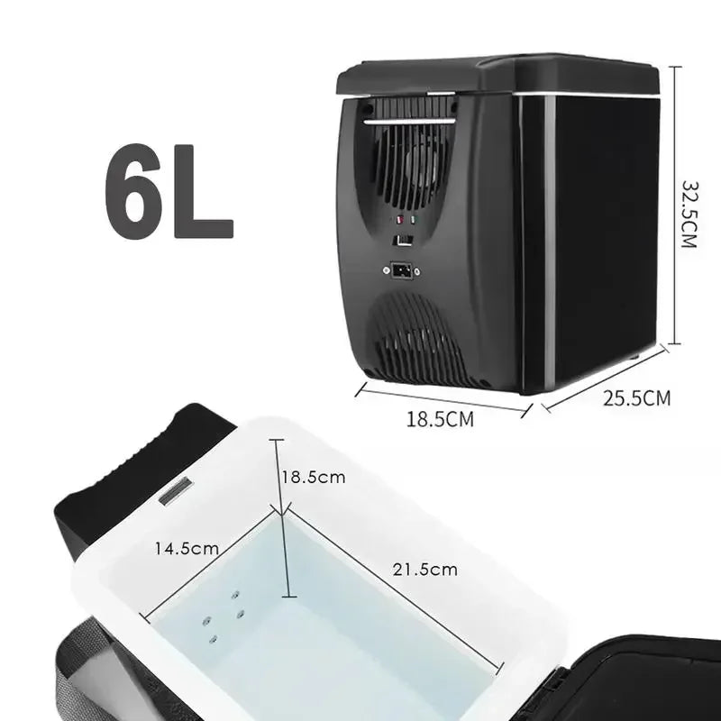 Mini refrigerador de carro 6L compacto com capacidade para bebidas e alimentos, ideal para viagens e passeios.