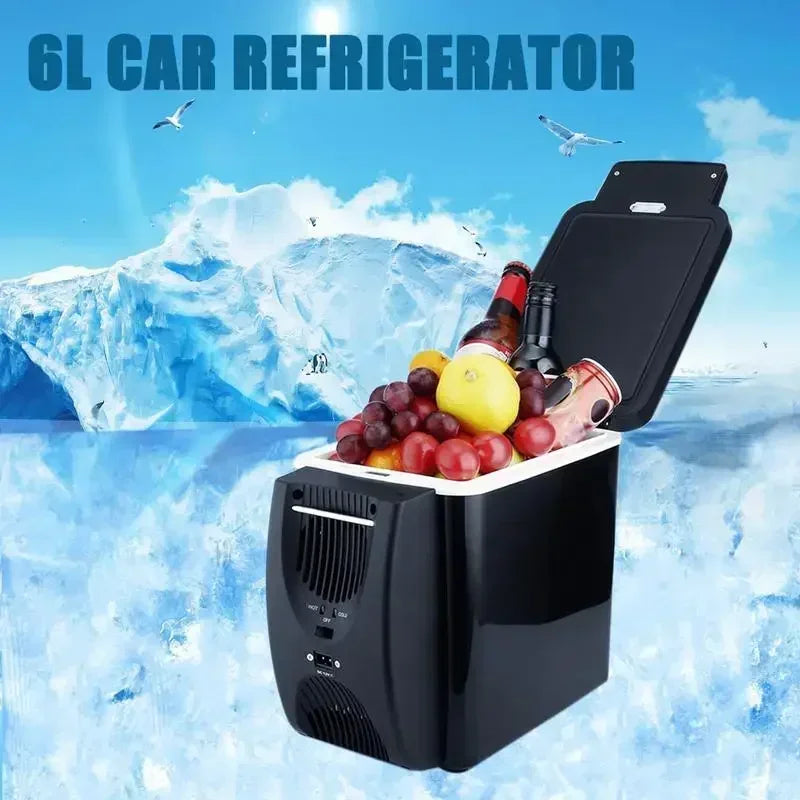Mini refrigerador de carro 6L com frutas e bebidas, ideal para viagens e lazer em veículos