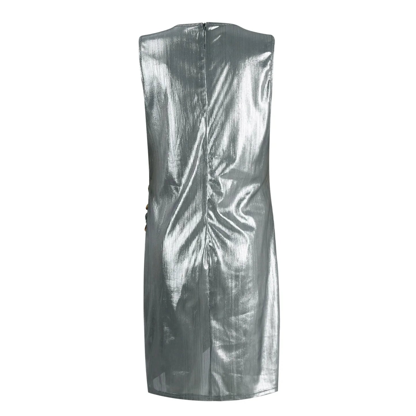 Mini vestido sexy prateado com acabamento brilhante e design elegante para ocasiões especiais