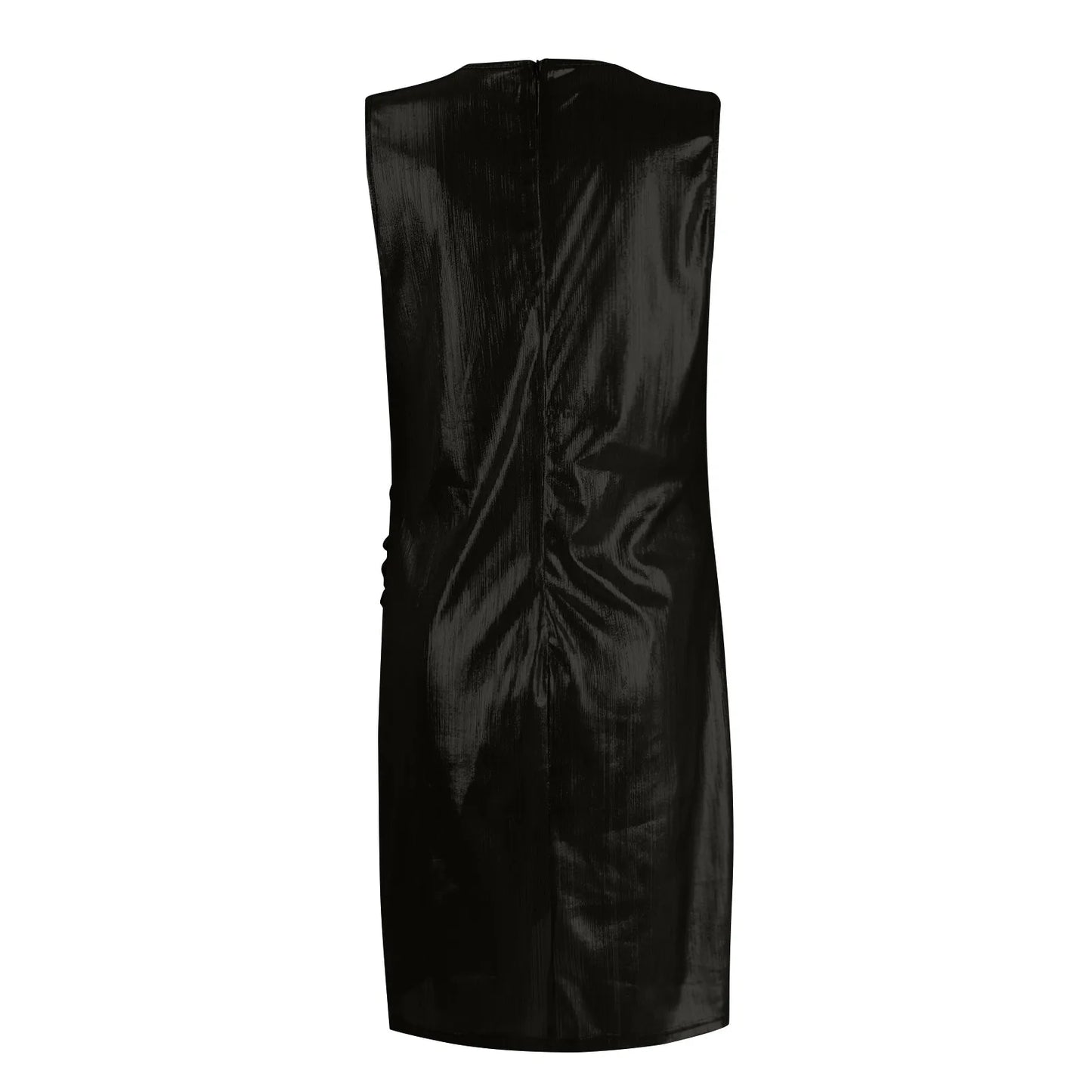 Mini vestido sexy preto em tecido brilhoso com ajuste confortável e design elegante nas costas