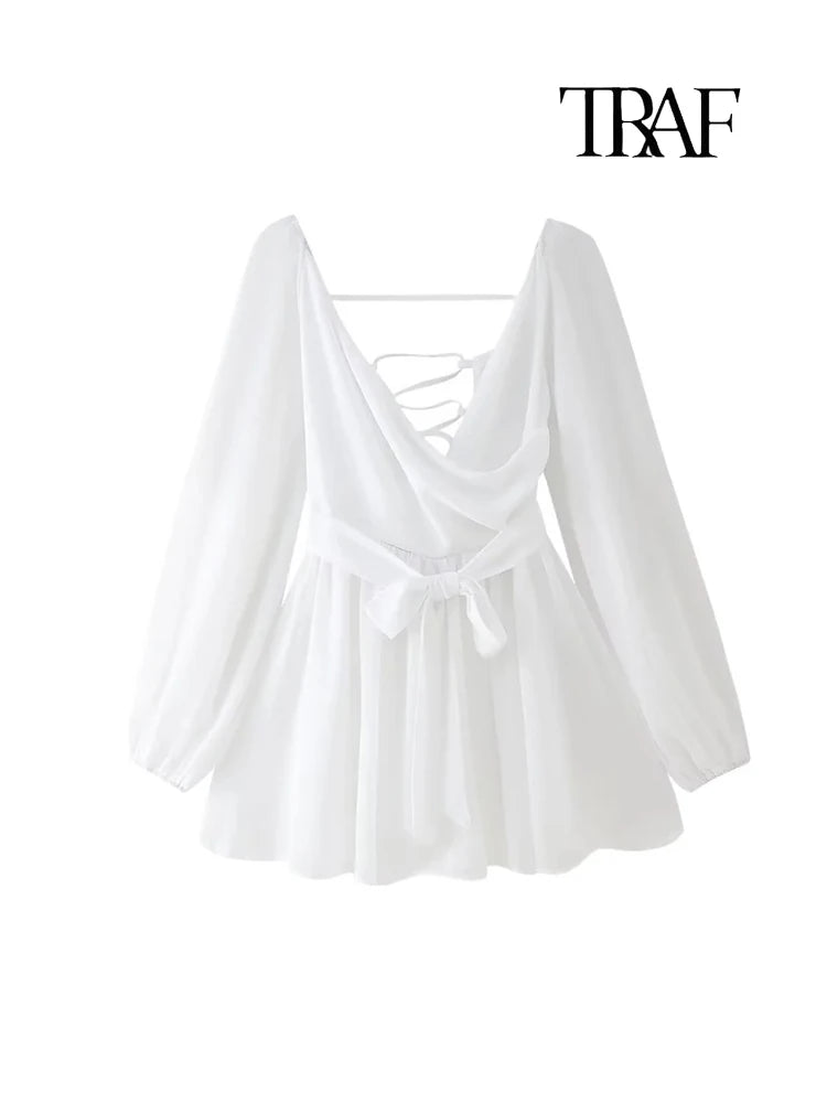 Mini vestido sexy elegante branco com mangas bufantes e detalhes em laço nas costas