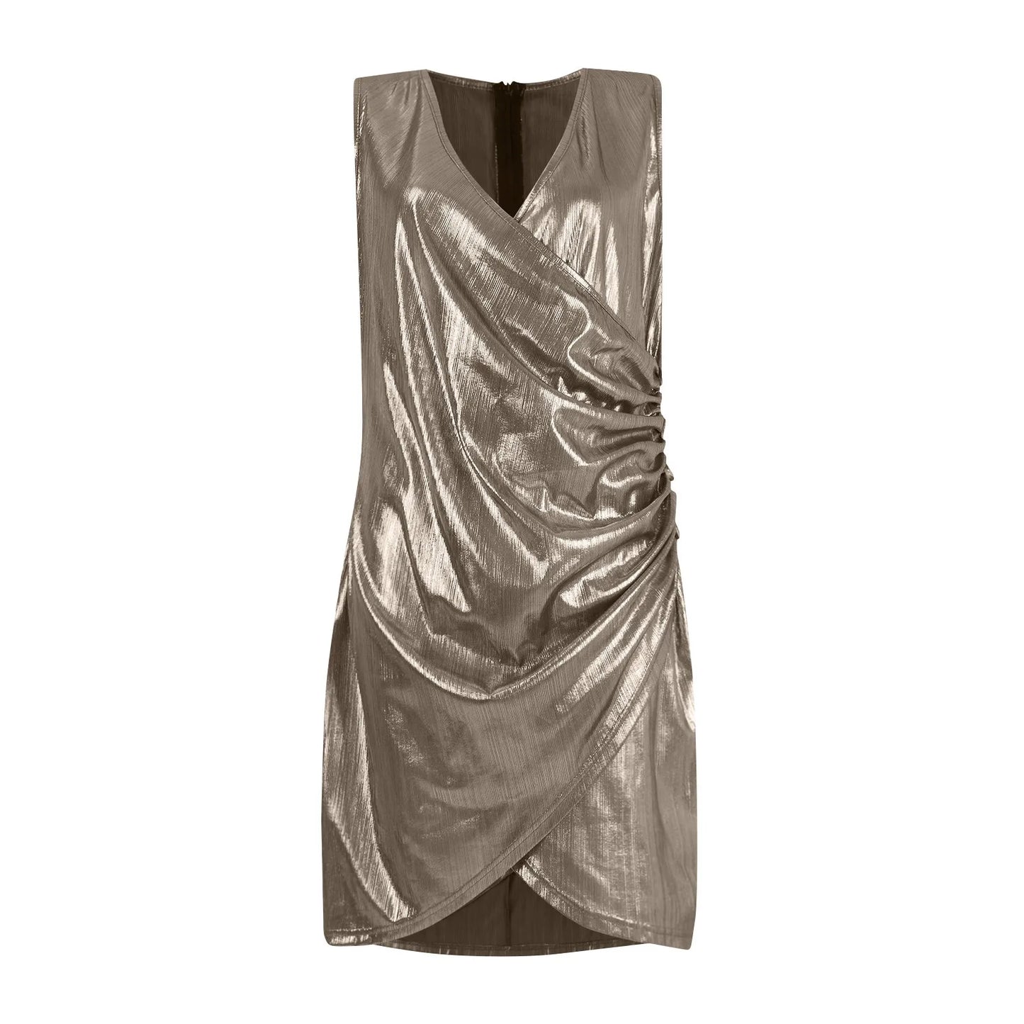 Mini vestido sexy dourado com detalhe drapeado e decote em V para momentos especiais