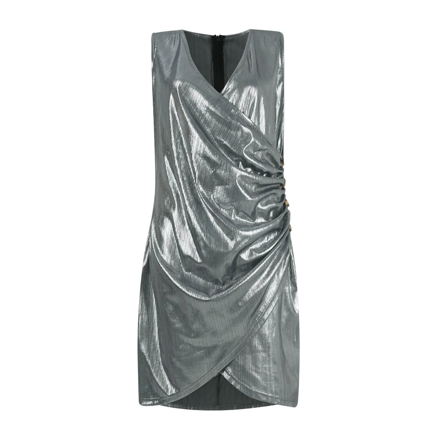 Mini vestido sexy em tom prateado com detalhe drapeado e fechamento nas costas