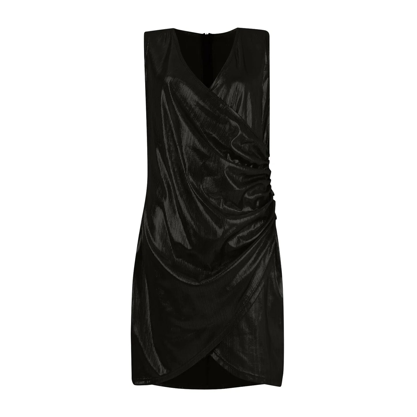 Mini vestido sexy preto com decote em V e detalhe drapeado na frente
