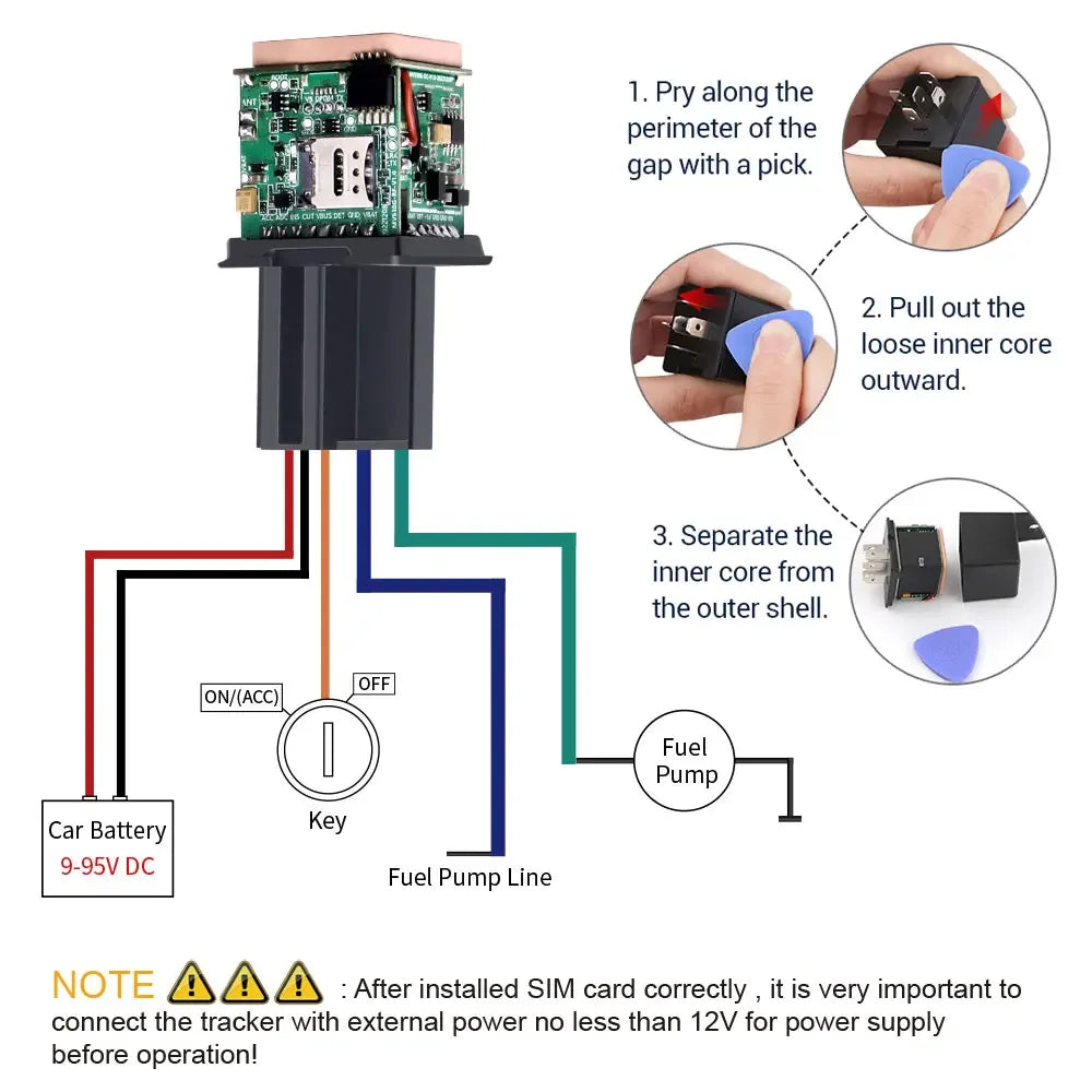 Instalação do rastreador GPS para motocicleta da MICODUS, mostrando conexões e componentes internos.