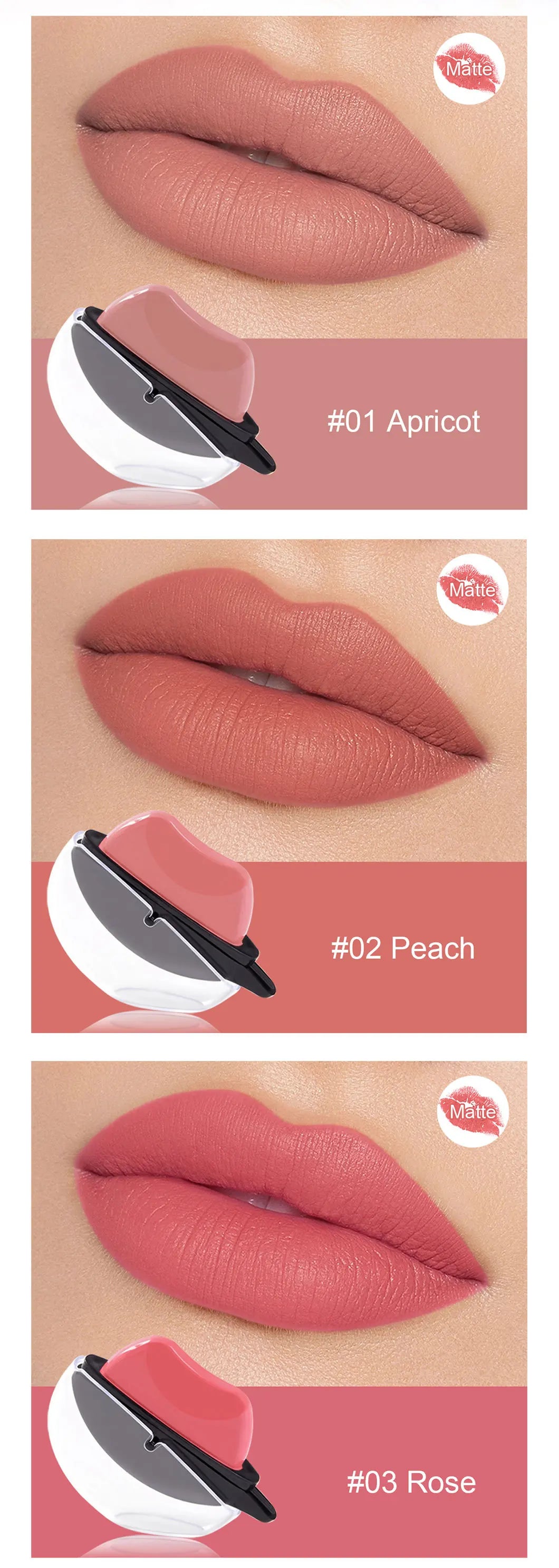 Batom multicolorido duradouro em tons de pêssego e rosa, com acabamento matte nos lábios