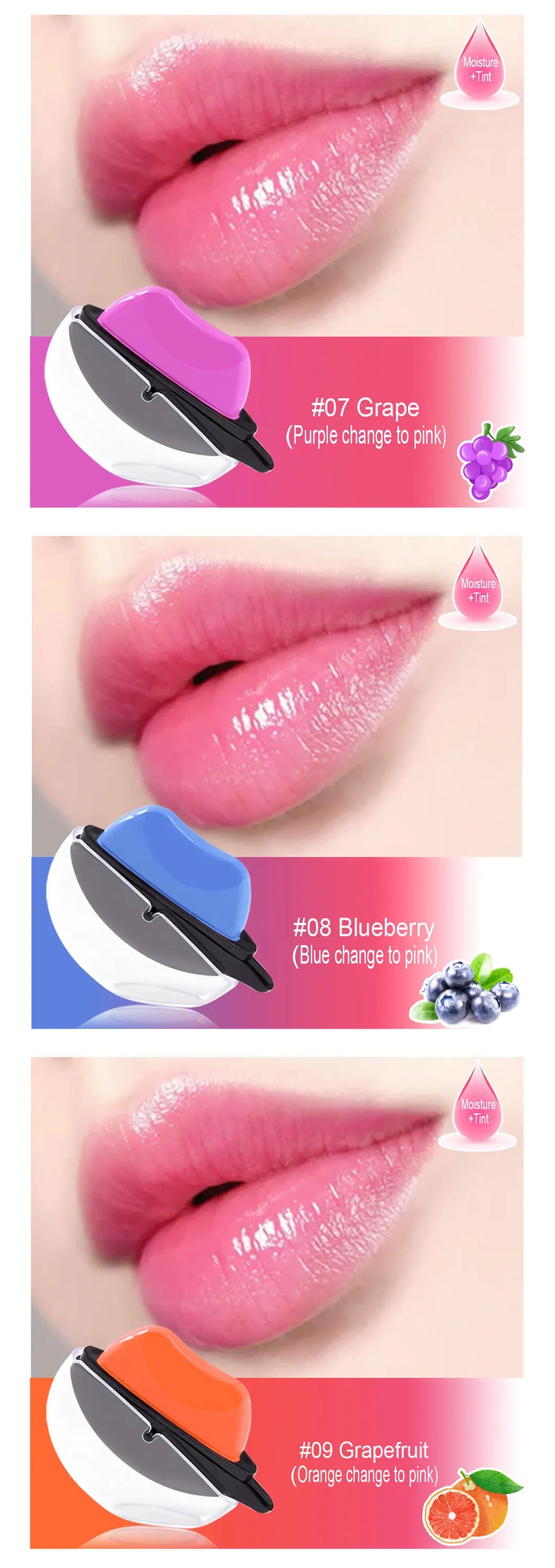 Batom multicolorido duradouro em tons de uva, blueberry e grapefruit com aplicação suave
