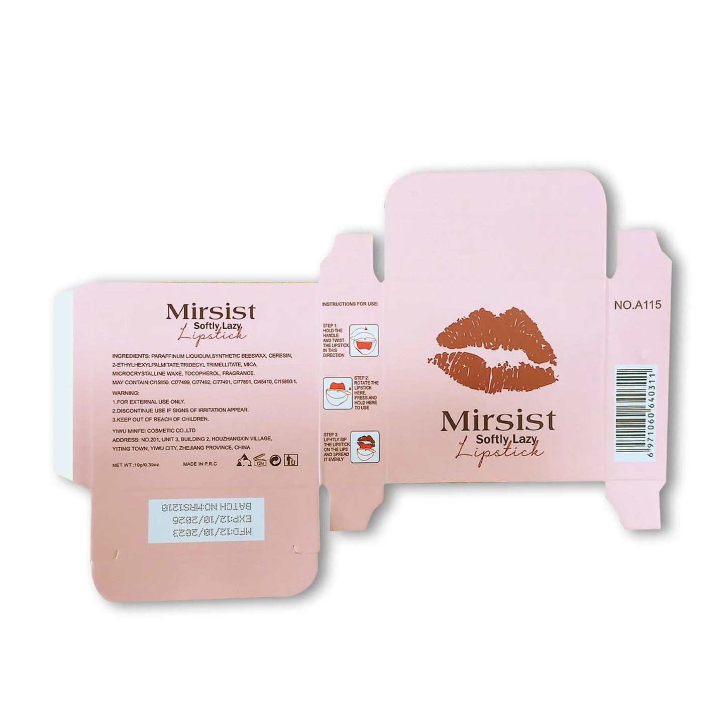 Embalagem do batom multicolorido duradouro Mirsist Softly Lazy com informações sobre ingredientes e uso