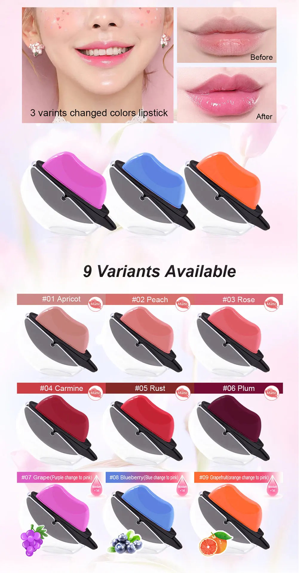 Batom multicolorido duradouro com 9 variantes, incluindo tons de pêssego, rosa e vermelho