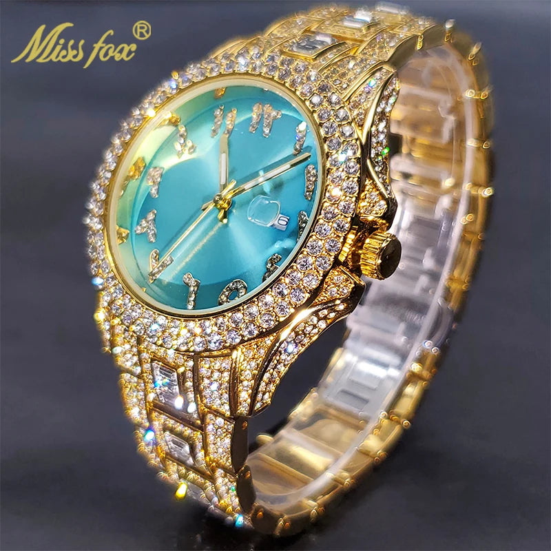 Relógio de pulso unisex com diamantes da MISSFOX, mostrador azul com detalhes brilhantes em dourado