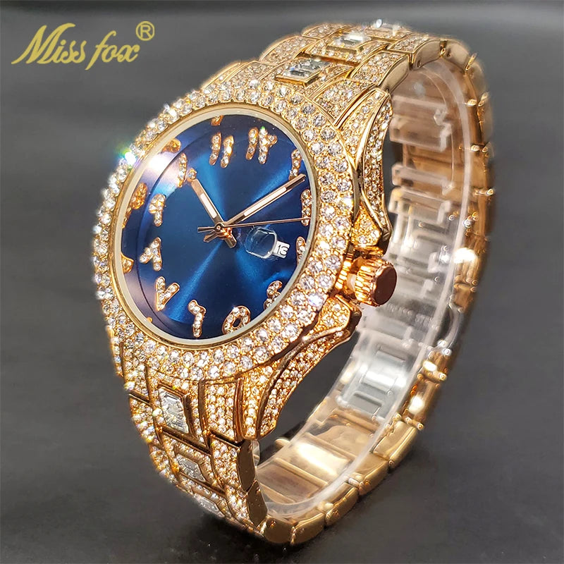 Relógio de pulso unisex com diamantes da MISSFOX em ouro com mostrador azul e detalhes brilhantes