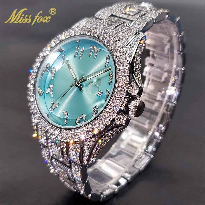 Relógio de pulso unisex com diamantes da MISSFOX com mostrador azul e detalhes brilhantes