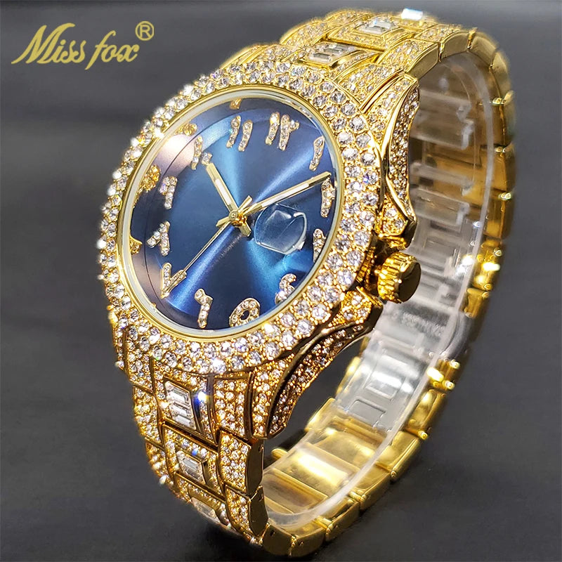 Relógio de pulso unisex com diamantes da MISSFOX com acabamento dourado e mostrador azul brilhante