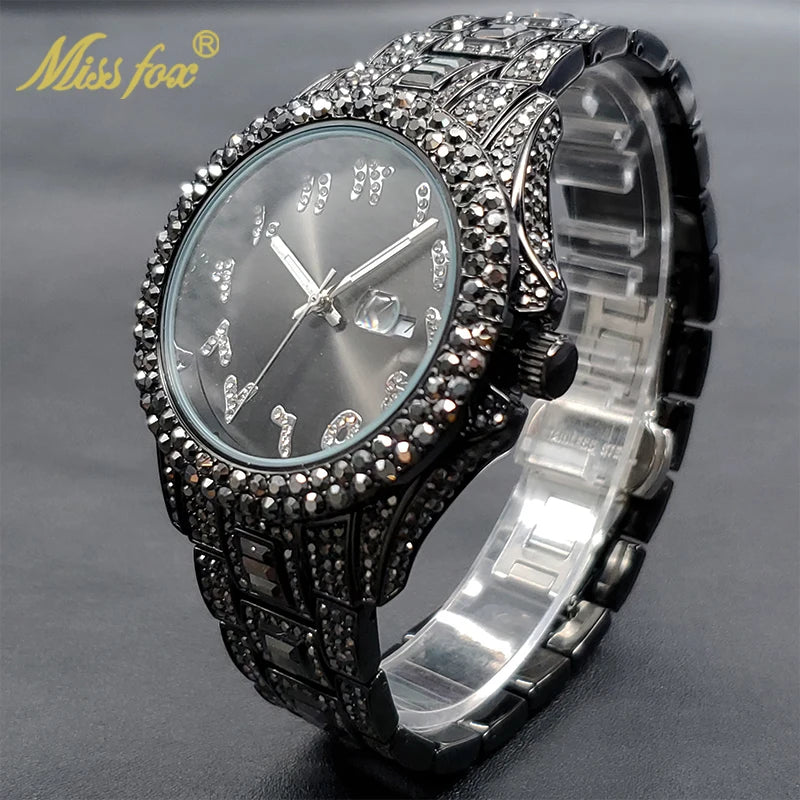 Relógio de pulso unisex com diamantes da MISSFOX com mostrador prateado e pulseira sofisticada