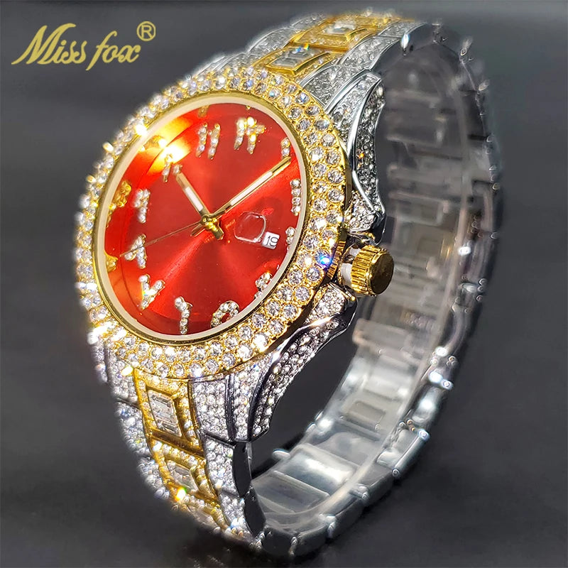 Relógio de pulso unisex com diamantes da MISSFOX em prata e dourado, mostrador vermelho e detalhes elegantes