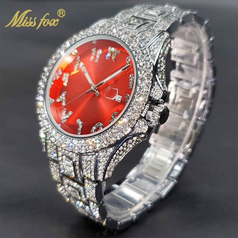Relógio de pulso unisex com diamantes, mostrador vermelho e detalhe brilhante da marca MISSFOX