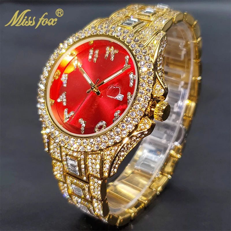 Relógio de pulso unisex com diamantes da MISSFOX com mostrador vermelho e design luxuoso em ouro
