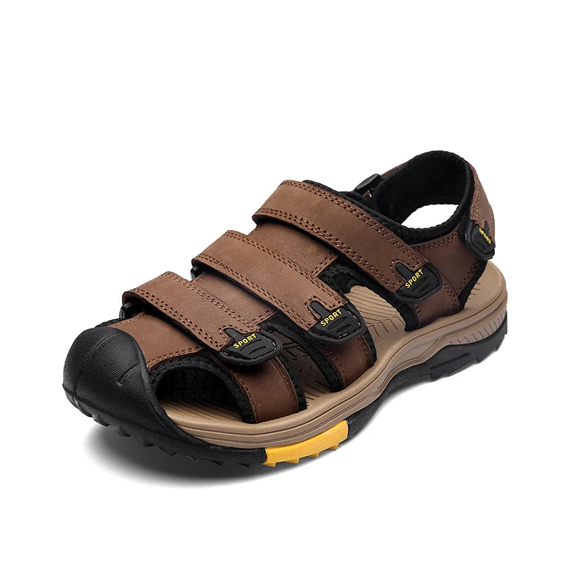 Sandálias masculinas MIXIDELAI em couro marrom, ideais como sapatos casuais ao ar livre com tiras ajustáveis.