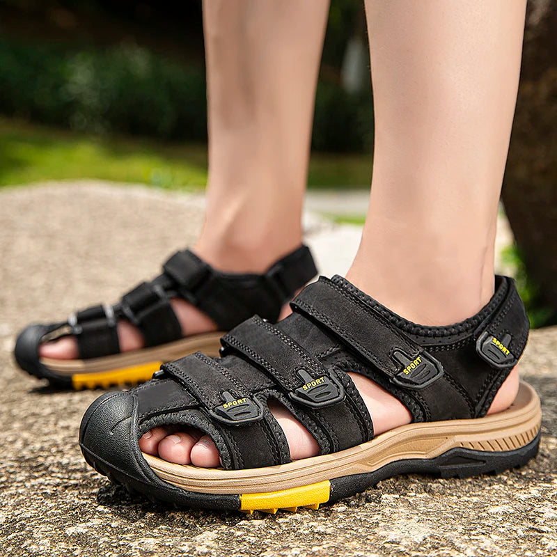 Sandálias masculinas MIXIDELAI em preto, ideais para sapatos casuais ao ar livre, com fechos ajustáveis