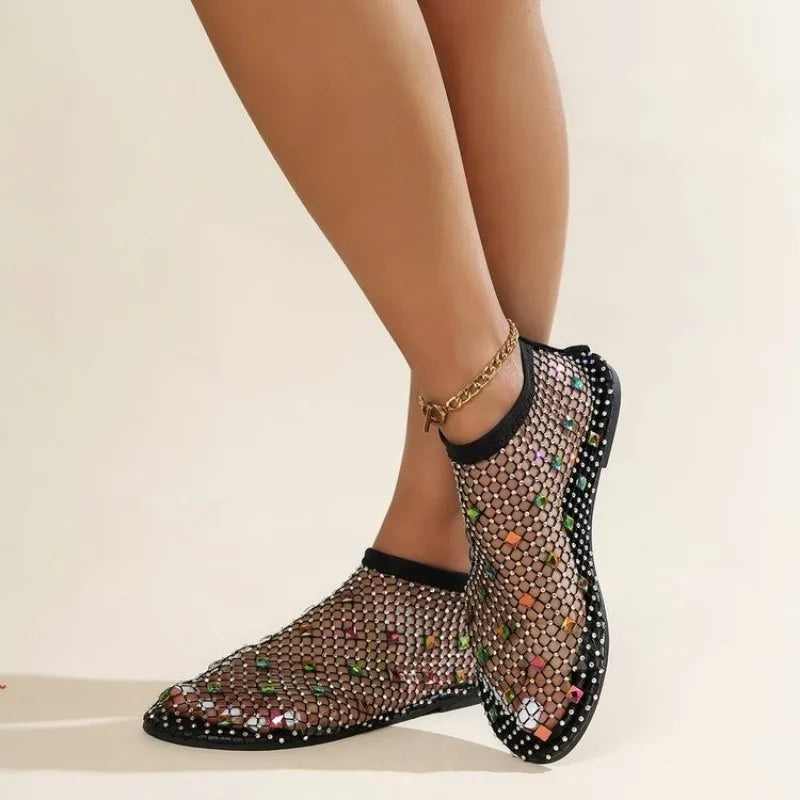 Mocassins de cristal femininos com design em rede e detalhes coloridos para um toque estiloso