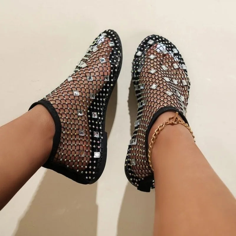 Mocassins de cristal femininos HUISONG com design em rede e detalhes brilhantes