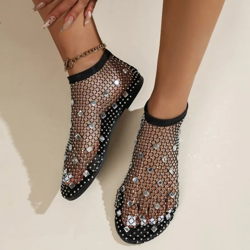 Mocassins de cristal femininos da HUISONG em estilo moderno, com rede e detalhes brilhantes