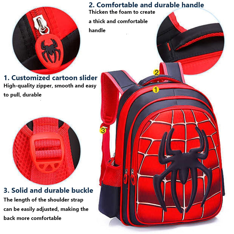 Mochila escolar infantil 3D em vermelho com design de aranha e alça confortável e durável