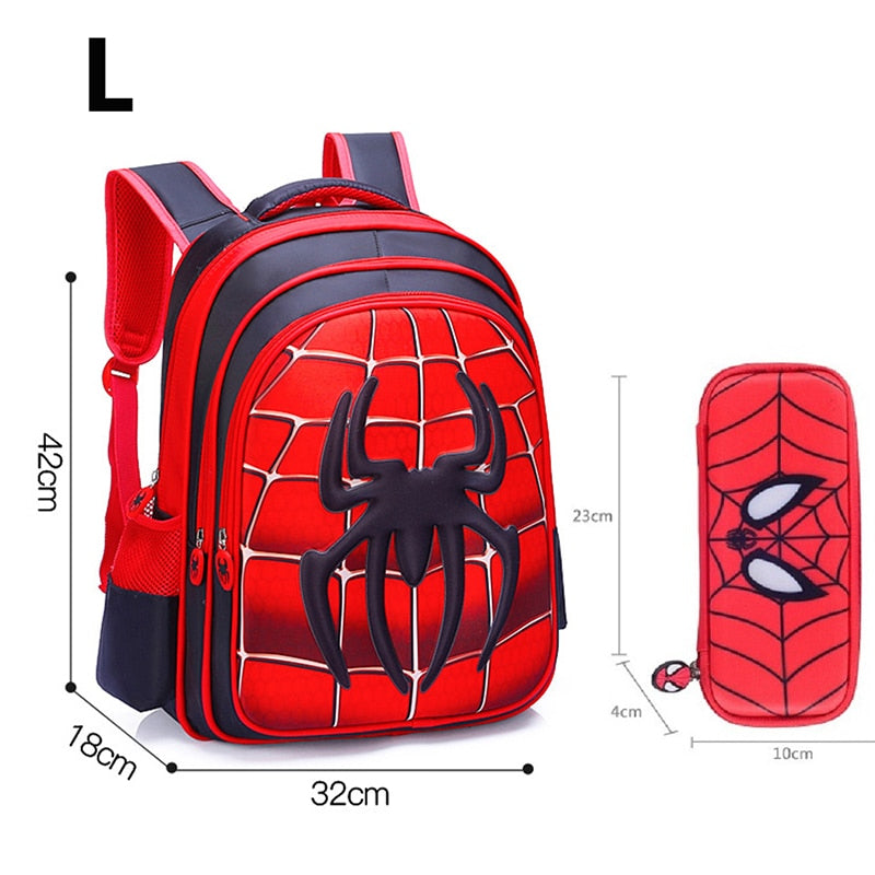 Mochila escolar infantil 3D do Homem-Aranha em vermelho com detalhes em teia e estojo para lápis