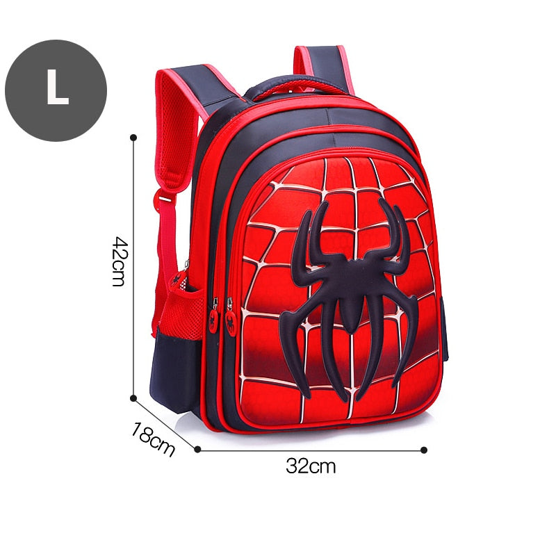 Mochila escolar infantil 3D estilo aranha com design colorido e dimensões de 42cm x 32cm x 18cm