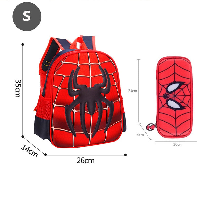 Mochila escolar infantil 3D vermelha com design de aranha, ideal para crianças fanáticas por super-heróis