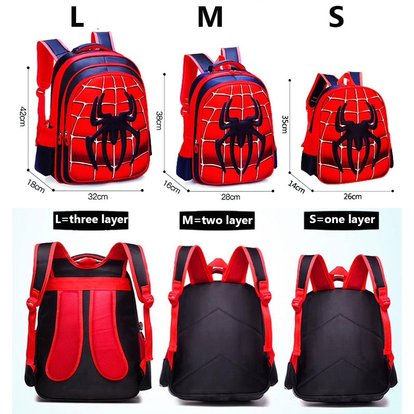 Mochila escolar infantil 3D com design de aranha vermelha, disponível em tamanhos L, M e S para crianças