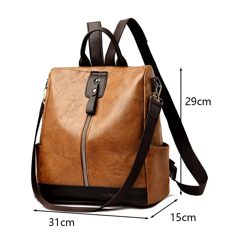 Mochila feminina anti-roubo em couro marrom com dimensões de 31x15x29 cm e design moderno