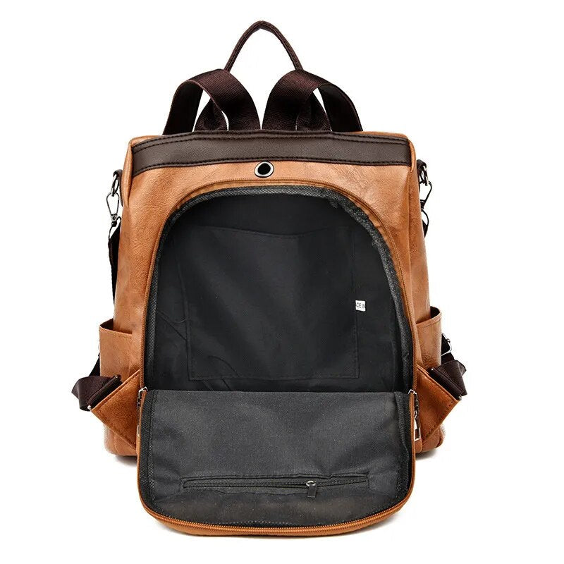 Mochila feminina anti-roubo YOGODLNS em couro marrom com compartimento amplo e design seguro