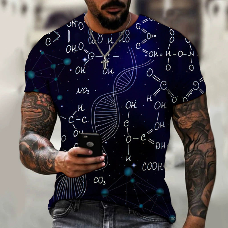 Camiseta masculina com estampa científica moderna, perfeita para moda masculina casual