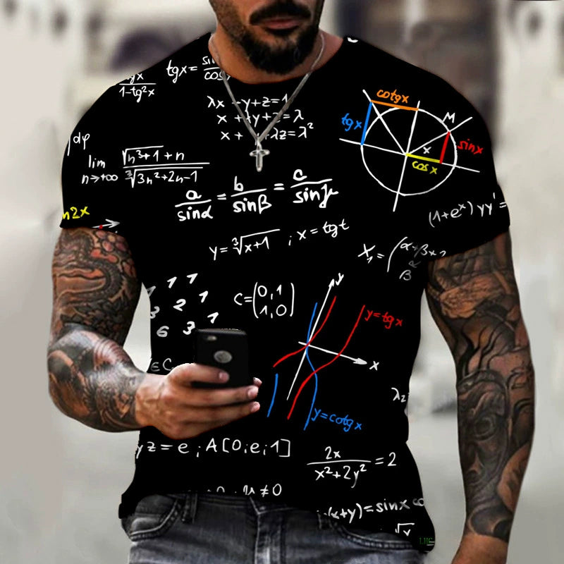 Camiseta masculina com estampa de fórmulas matemáticas, ideal para moda masculina casual